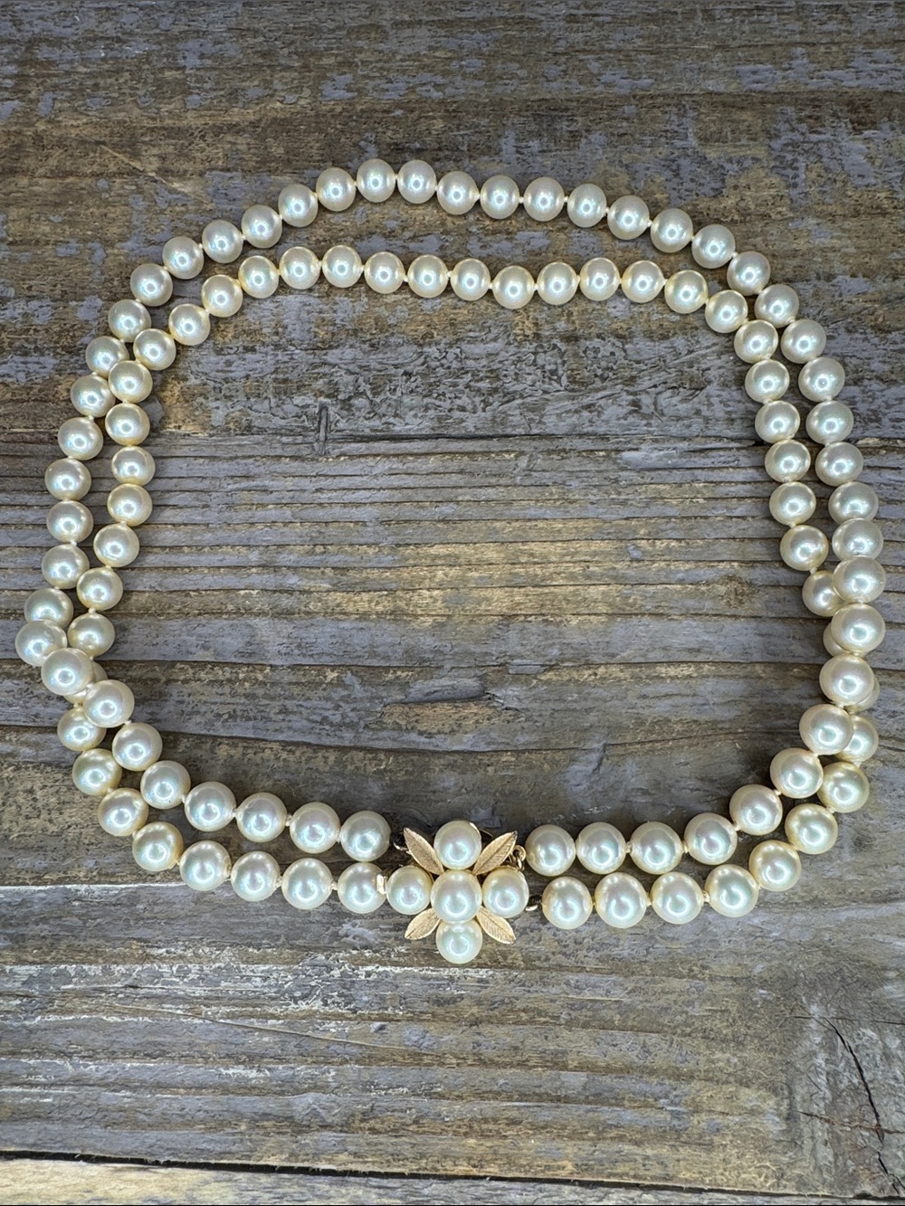 Vintage Majorca Double-Strand Cream Faux Pearl Necklace with Floral Clasp